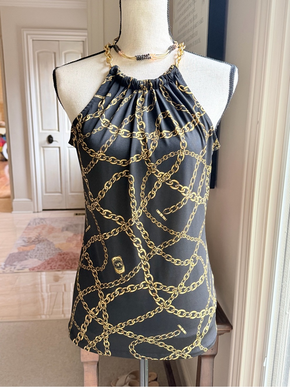 MICHAEL Michael Kors Black One-Shoulder Halter Top with Gold Chain Motif